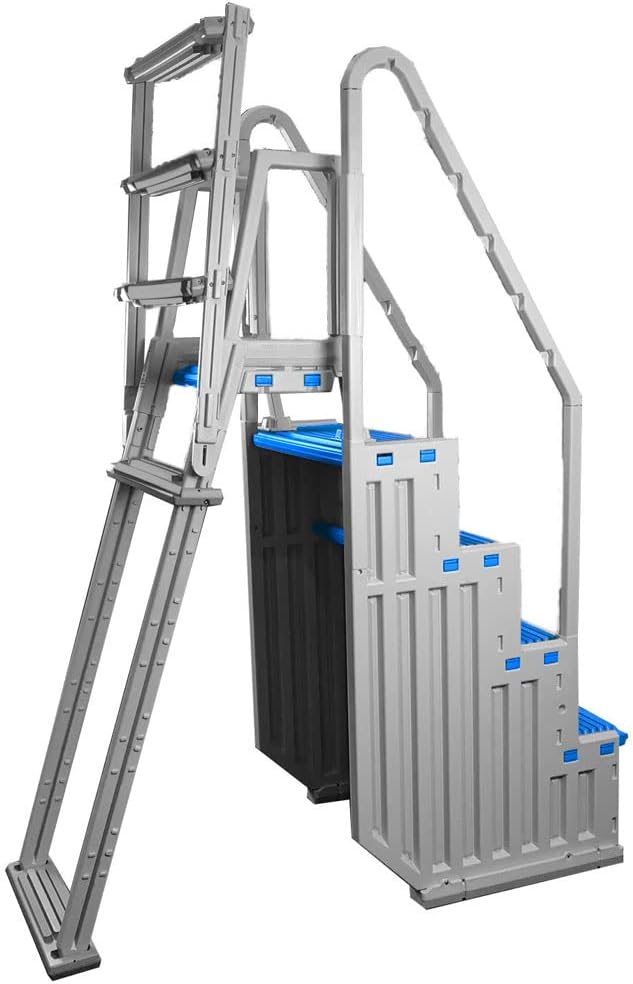 Above Ground Swimming Pool Step & Ladder, Heavy Duty, White Frame with Blue and Gray Steps, Deck Height Up to 60 Inches V291