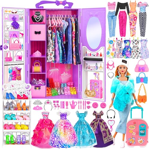 105 Pcs Doll Wardrobe Playset with Doll, Clothes, Shoes and Hangers N690
