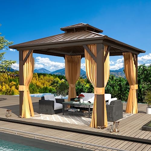 10'x13' Hardtop Gazebo with Polycarbonate Double Roof, Aluminum Frame, Curtains and Netting N263