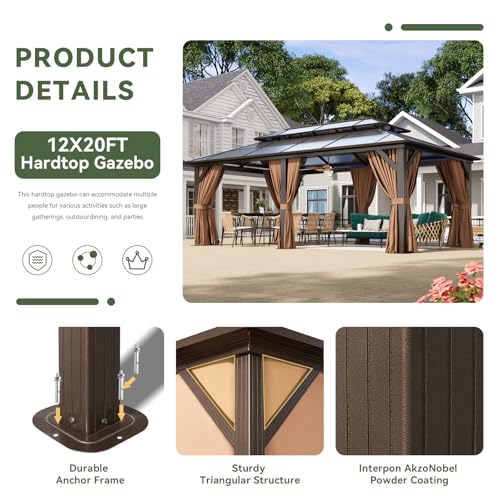 12x16 Hardtop Gazebo with Netting and Curtains, Aluminum Frame, Polycarbonate Roof N71921
