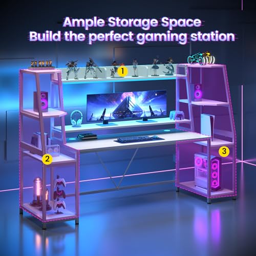 Gaming Desk with LED Lights, Hutch and Storage Shelves, Black R364