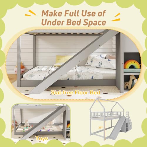 Twin Over Twin Bunk Bed with Slide and Stairs, Wood, White F9999