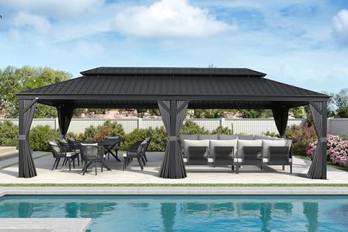 10' x 14' Permanent Hardtop Gazebo with Galvanized Steel Double Roof, Curtains and Netting Included M96664