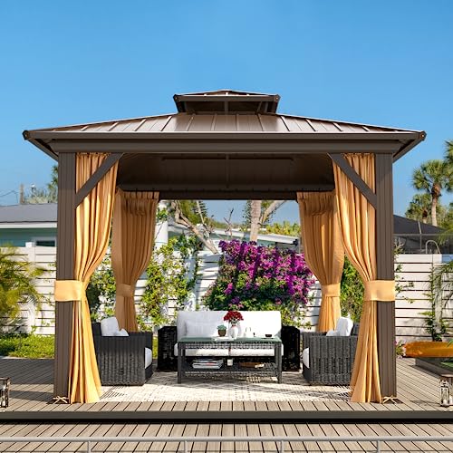 10'x13' Hardtop Gazebo with Polycarbonate Double Roof, Aluminum Frame, Curtains and Netting N263