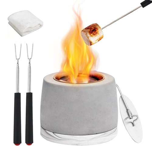 Concrete Tabletop Fire Pit Bowl, Table Top Portable Rubbing Alcohol Fireplace Indoor Outdoor Decor Long Time Burning Smokeless Odorless Housewarming for Patio Balcony with Extinguisher