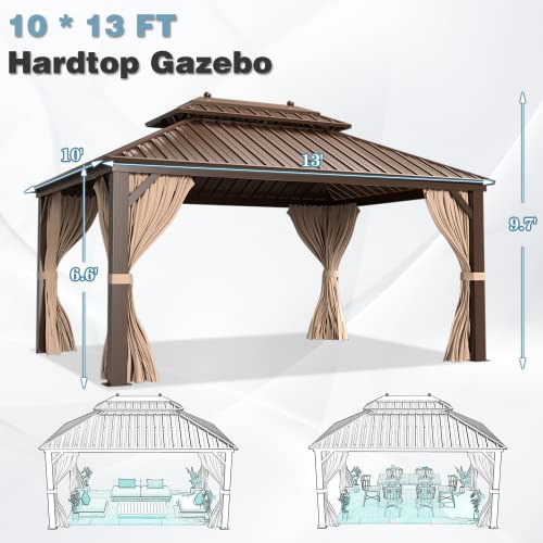10'x13' Hardtop Gazebo with Polycarbonate Double Roof, Aluminum Frame, Curtains and Netting N263
