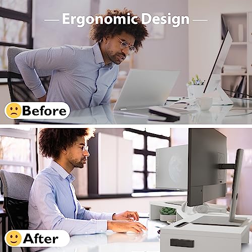 Dual Monitor Stand Riser with Smartphone Holder, Adjustable Wooden Desktop Organizer P70793