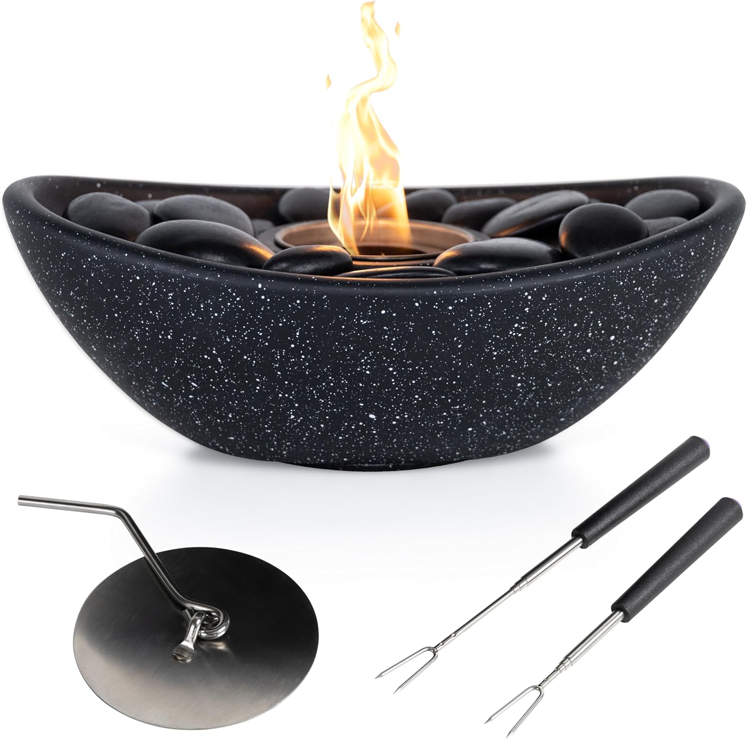 Concrete Table Top Firepit Bowl 11" with Extendable Skewers - Portable Fire Pit for Indoor and Outdoor Use- Tabletop Fireplace for Roasting Smores Use Gel Fuel Cans for Patio Balcony Black
