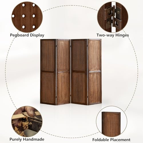 Wooden Pegboard Room Divider, 5.6Ft Folding Privacy Screen P5676