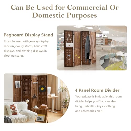 Wooden Pegboard Room Divider, 5.6Ft Folding Privacy Screen P5676