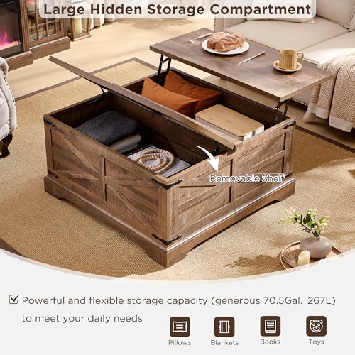 Farmhouse Lift Top Coffee Table with Storage, 36" Wood Square Center Table G51641