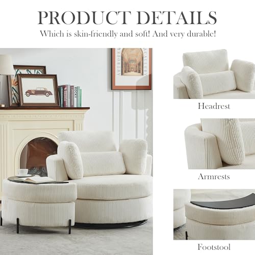 Oversized Swivel Barrel Chair with Ottoman, Chenille, Beige X252712