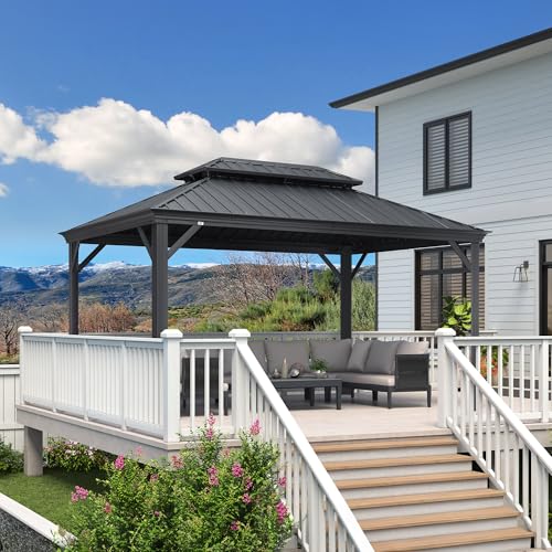 10' x 14' Permanent Hardtop Gazebo with Galvanized Steel Double Roof, Curtains and Netting Included M96664