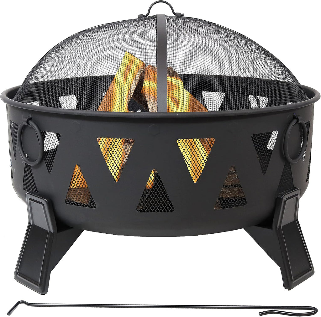 Sunnydaze 25-Inch Steel Wood-Burning Fire Pit with Mesh Stripe Cutouts - includes Poker and Spark Screen