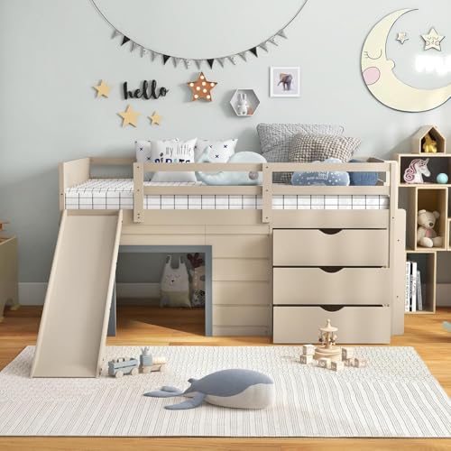 Twin Low Loft Bed with 3 Storage Drawers, Slide, Ladder & Guardrails B4129