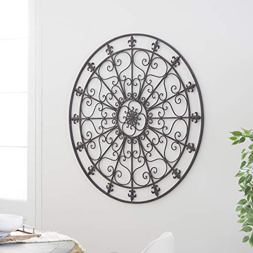 Metal Fleur De Lis Circle Wall Sculpture with Scrollwork, Black S3104