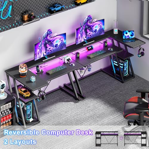 L Shaped Gaming Desk with Power Outlet and LED Lights T64283