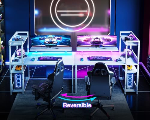 Reversible Gaming Desk with USB Charging Port and LED Lights, 40 Inch Computer Desk with Storage Shelves C134