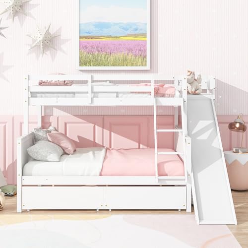Twin Over Full Bunk Bed with Slide and Storage Stairs C57577