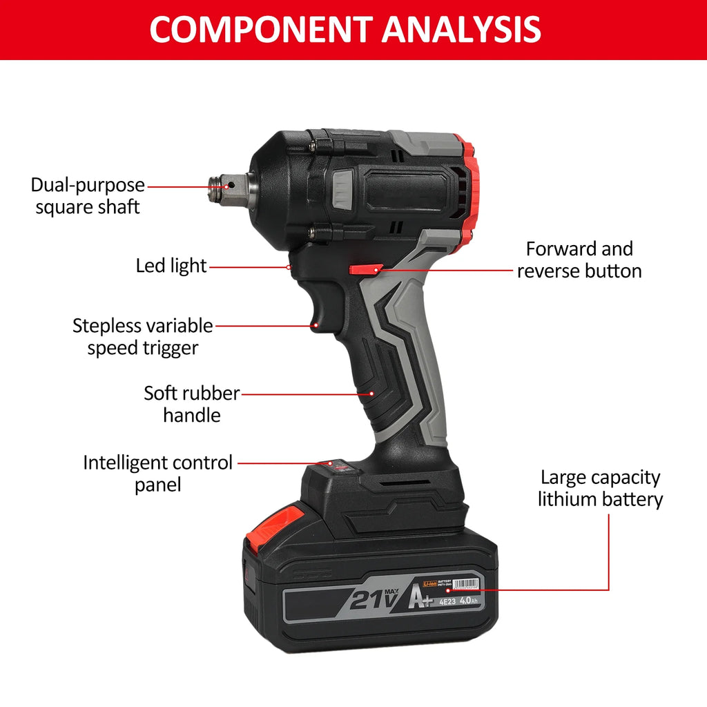 Electric Wrench 1/2 Inch 21V Max Torque 350N.m with 4.0Ah Battery and 17pcs Accessories G771839