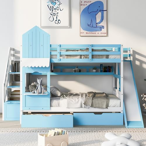 Twin Over Twin Bunk Bed with Stairs and Slide, Solid Wood Frame with Storage Y2445