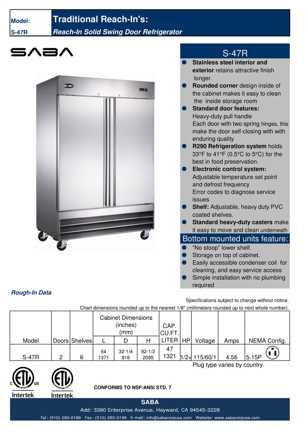 Commercial 47 cu ft Stainless Steel Reach-In Refrigerator, 2 Door C776