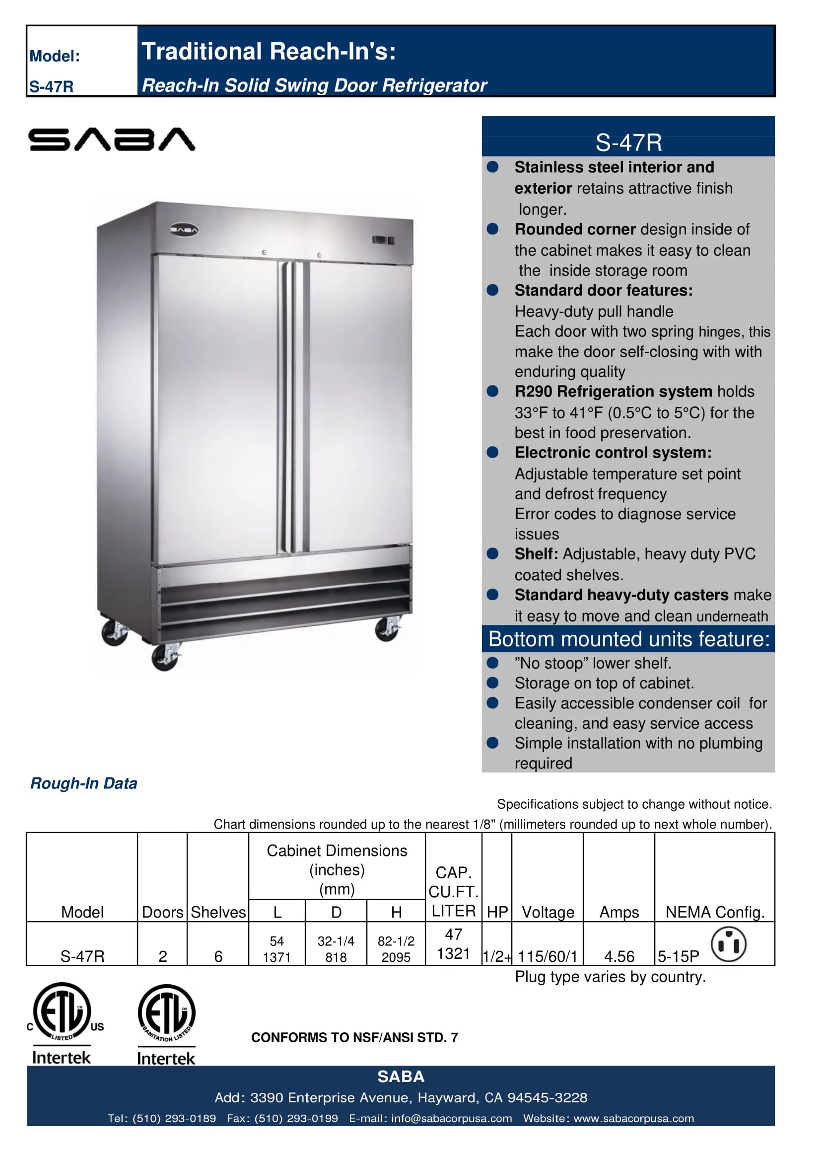 Commercial 47 cu ft Stainless Steel Reach-In Refrigerator, 2 Door C776