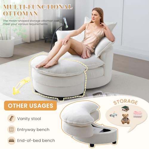 Swivel Accent Sofa Chair with Phone Holder & Storage Ottoman, Corduroy, Beige R7636
