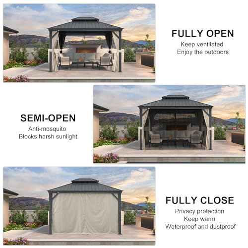10' x 14' Permanent Hardtop Gazebo with Galvanized Steel Double Roof, Curtains and Netting Included M96664