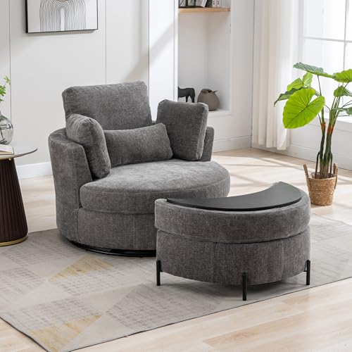 Oversized Swivel Barrel Chair with Ottoman, Chenille, Beige X252712