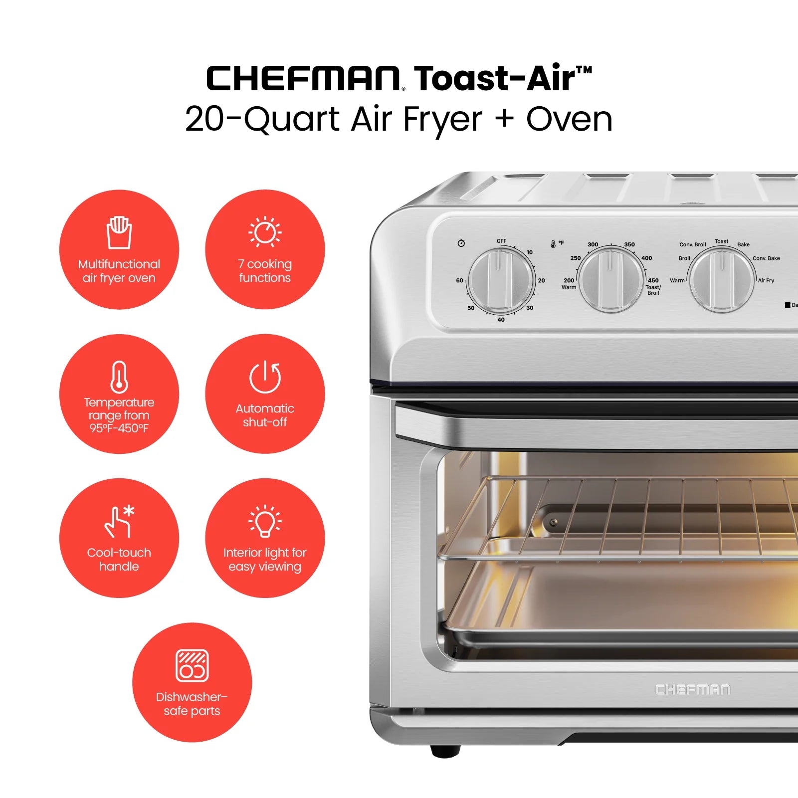 Air Fryer Toaster Oven Combo, 7-in-1 Countertop Convection, 20 Qt, Stainless Steel F208025