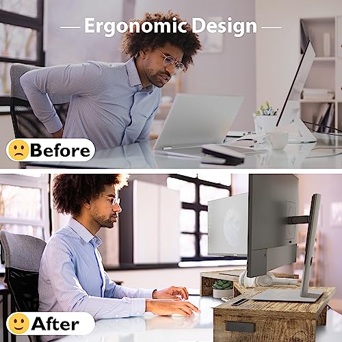 Dual Monitor Stand Riser with Smartphone Holder, Adjustable Wooden Desktop Organizer P70793