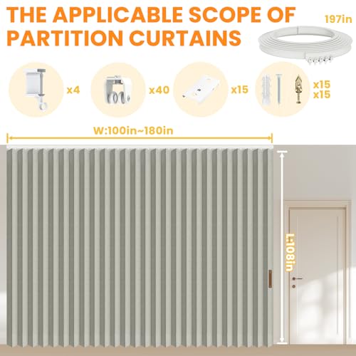 Accordion Room Divider Curtains with Ceiling Track, Grey, W100 x L84 J296