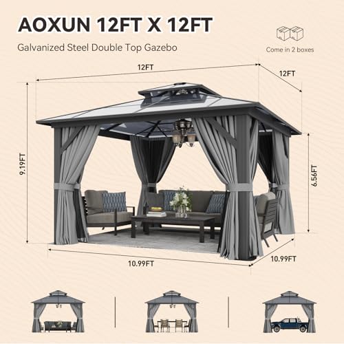 12x16 Hardtop Gazebo with Netting and Curtains, Aluminum Frame, Polycarbonate Roof N71921