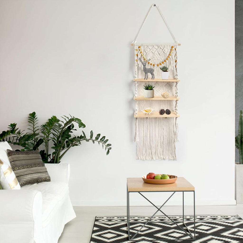 Macrame Wall Hanging Shelf with Wood Plant Rope Storage T29835