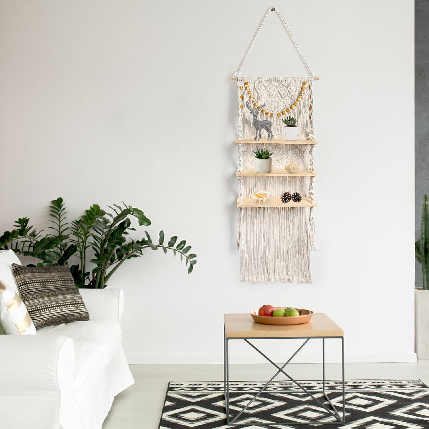 Macrame Wall Hanging Shelf with Wood Plant Rope Storage T29835