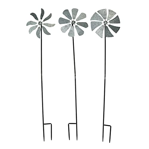 Set of 3 Galvanized Grey Farmhouse Windmill Wind Spinner Garden Stakes – Whimsical Outdoor Decorations Creating Mesmerizing Kinetic Displays, 41 Inches High