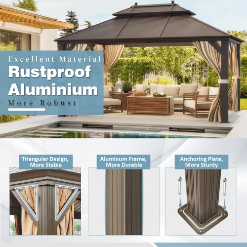 12x16 ft Hardtop Gazebo with Galvanized Steel Roof, Curtains and Netting V821