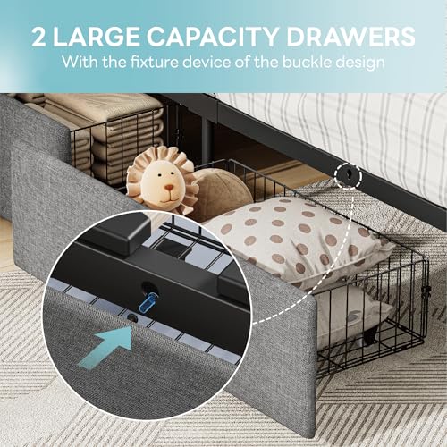 Twin Bed Frame with 2 Storage Drawers, Charging Station & LED Lights, Upholstered Platform Bed, Beige Q69205