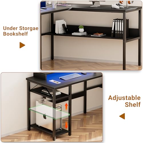 Reversible L Shaped Desk with Power Outlets and LED Light, Corner Computer Desk with Monitor Stand and Storage Shelves, Black D613