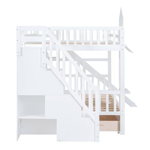 Twin Over Twin Bunk Bed with Stairs and Slide, Solid Wood Frame with Storage Y2445