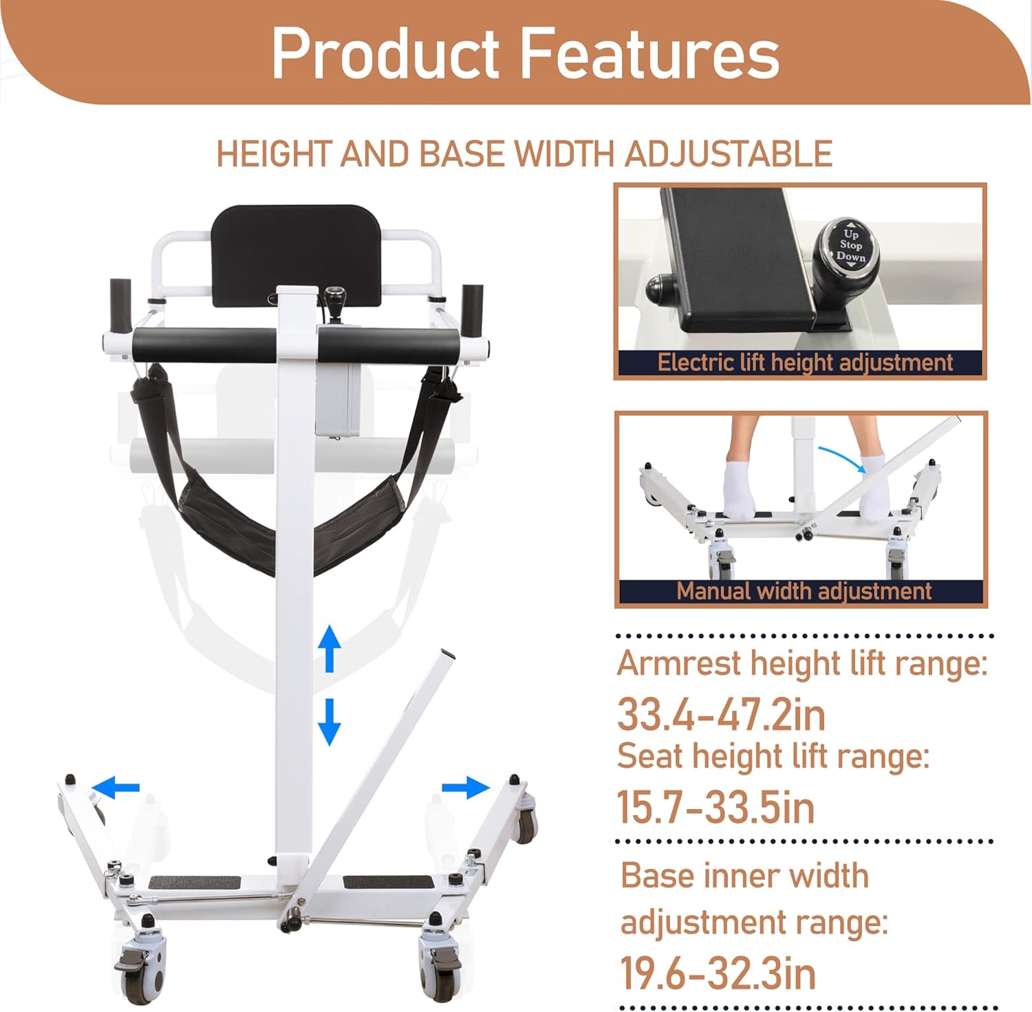 Electric Patient Lift Transfer Chair Foldable Portable for Home, Bed to Wheelchair, White D737715