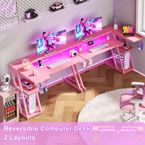 L Shaped Gaming Desk with Power Outlet and LED Lights T64283