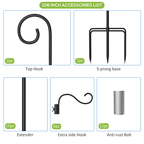 76 Inch Shepherd Hooks for Outdoor, Bird Feeder Poles with 4 Hooks, Garden Hanging Plant Stand N168