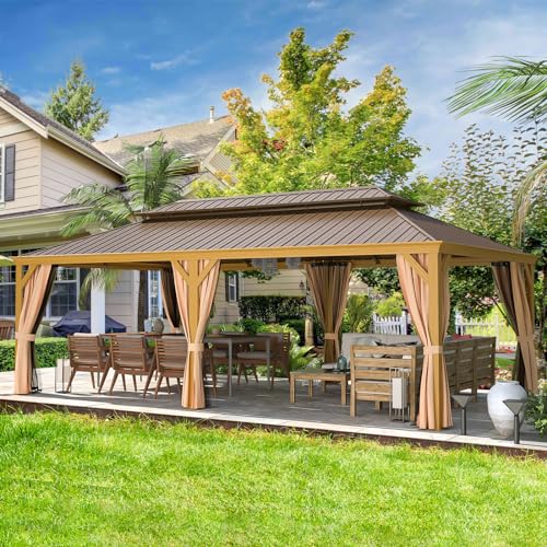 12x16 ft Hardtop Gazebo with Galvanized Steel Roof, Curtains and Netting V821