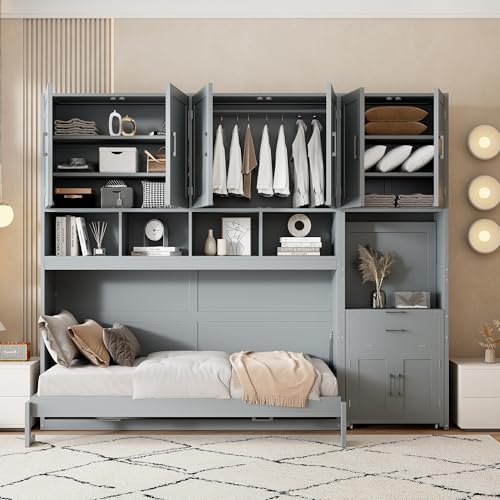 Twin Murphy Bed with Wall Frame, Closet, Drawers and Desk, White D510253