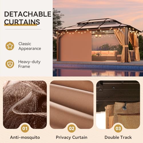 12x16 Hardtop Gazebo with Netting and Curtains, Aluminum Frame, Polycarbonate Roof N71921