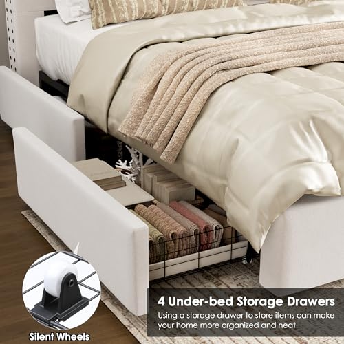 Velvet Upholstered King Bed Frame with Tall Headboard and Storage Drawers L58367