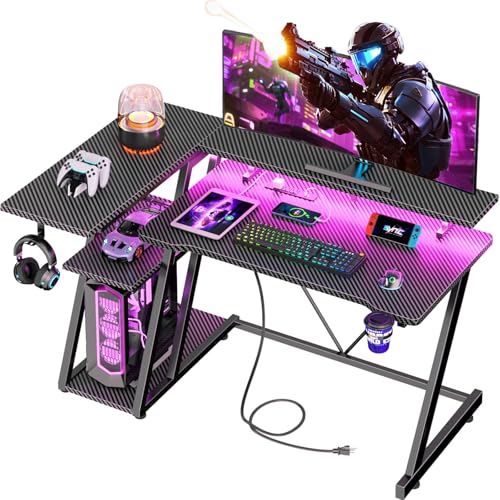 L Shaped Gaming Desk with Power Outlet and LED Lights T64283