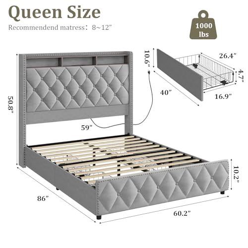 Queen Bed Frame with Tall Headboard, Velvet Upholstered, 4 Storage Drawers U913671